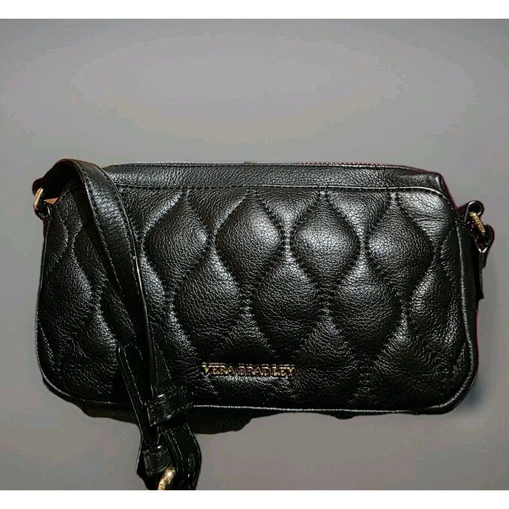 VERA BRADLEY Sycamore Leather Sydney Crossbody Black Quilted